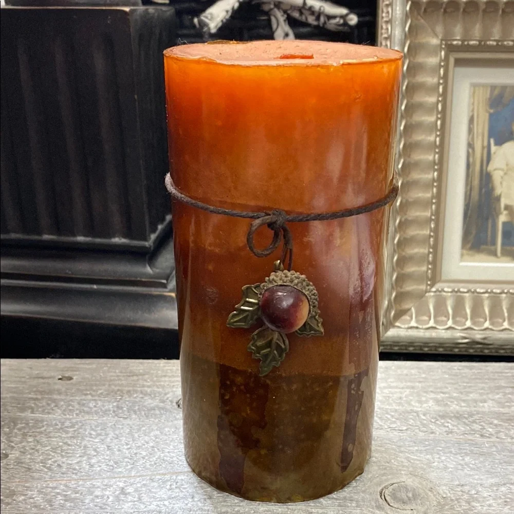 Rust Orange “Pumpkin Pie” Decorative Pillar Candle with Acorn Charm!